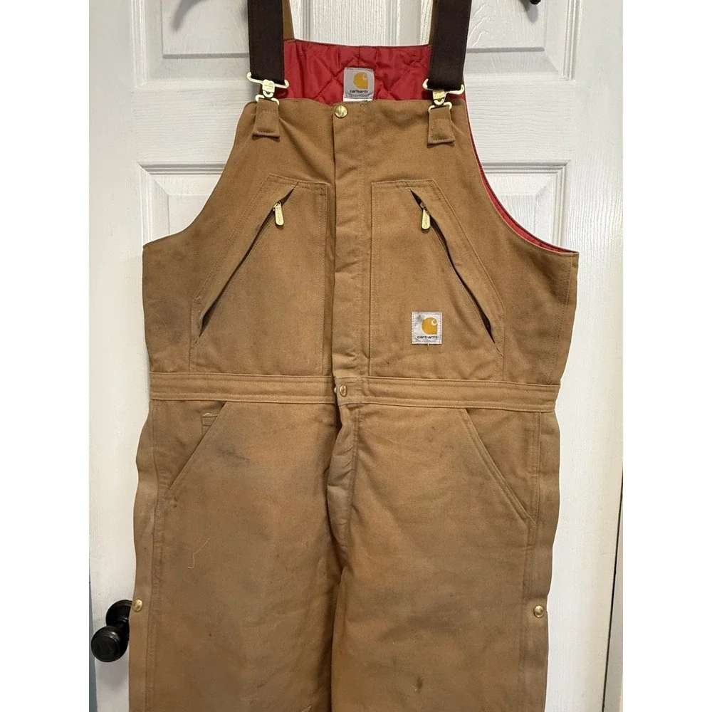 Carhartt Bib Overalls Lined Men's 38x34 Double Knee Canvas Duck R38 BRN